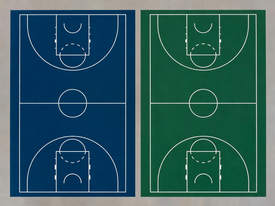 Overhead comparison of basketball courts with different three-point lines