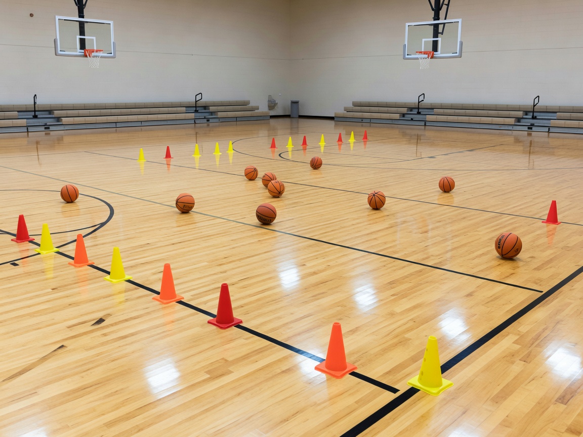 Empty basketball practice court with balls and training cones