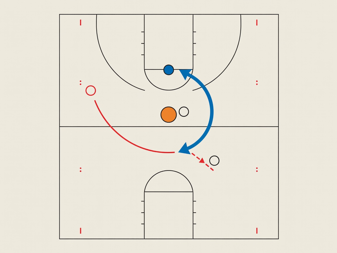 Basketball half-court diagram showing pick-and-roll spacing and help defence