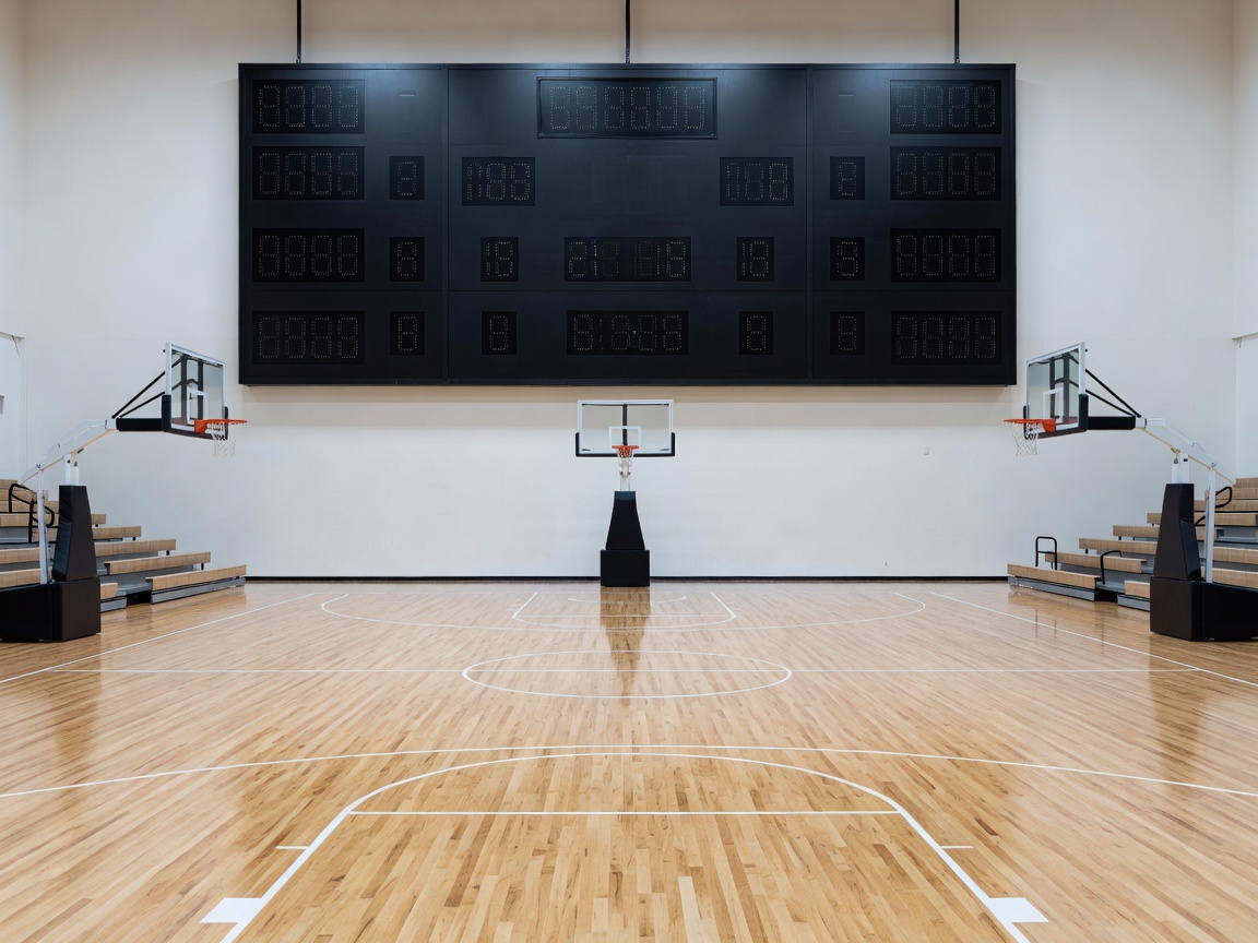 Unbranded basketball scoreboard beside an empty indoor court